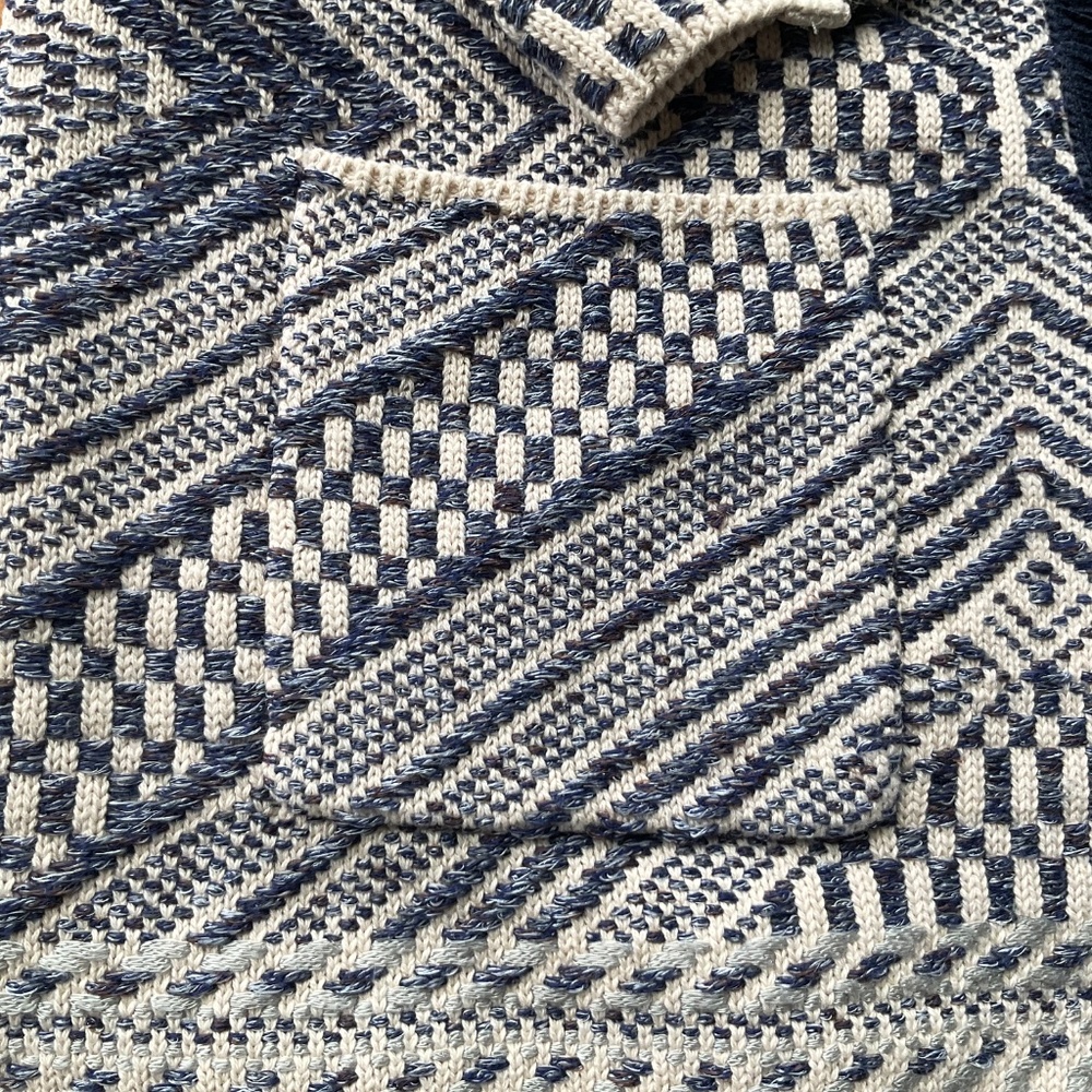 Lucky Brand Open Front Cardigan Women Medium Blue Cream Woven Fringe Aztec - Picture 15 of 16